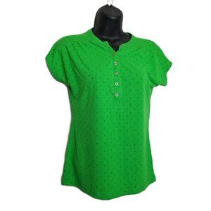 Liz Claiborne Henley Top Small Green Navy Polka Dot Preppy